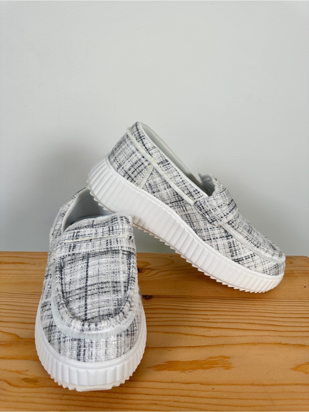 Dream Pairs Tweed Platform Slip On Loafers Plaid Chunky Sneakers White Gray 10